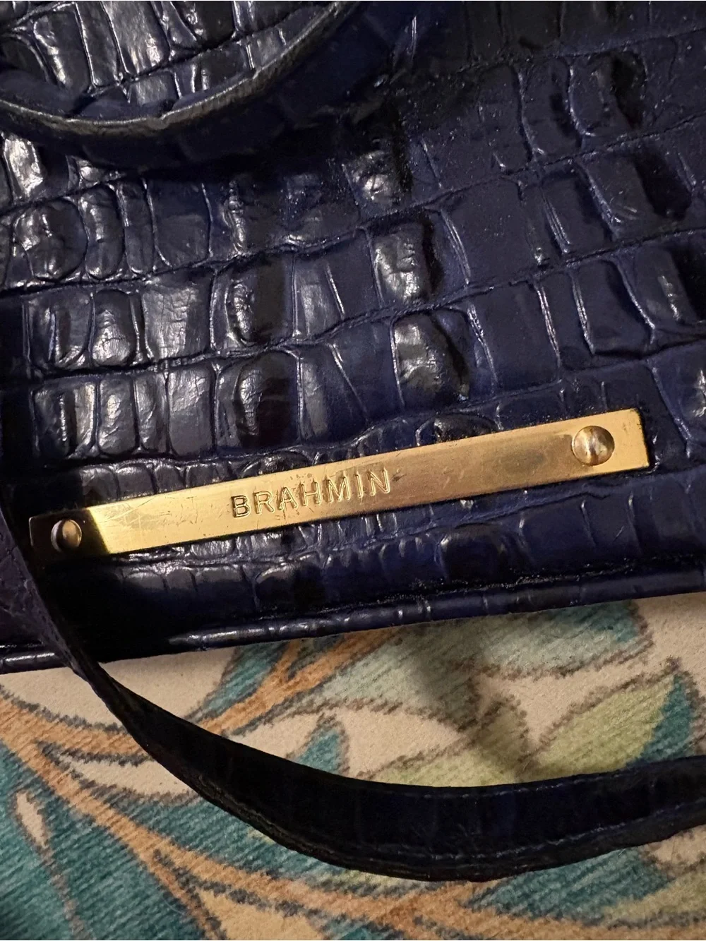 Brahmin Navy Croc-Embossed Satchel with Gold Hardware